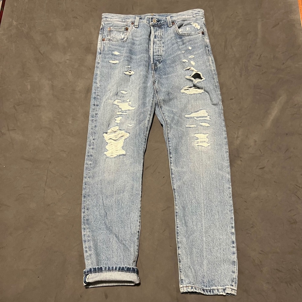 Levi's 501‎ 150th Anniversary Jeans Mens 29x30 Light Blue Distressed Selvedge